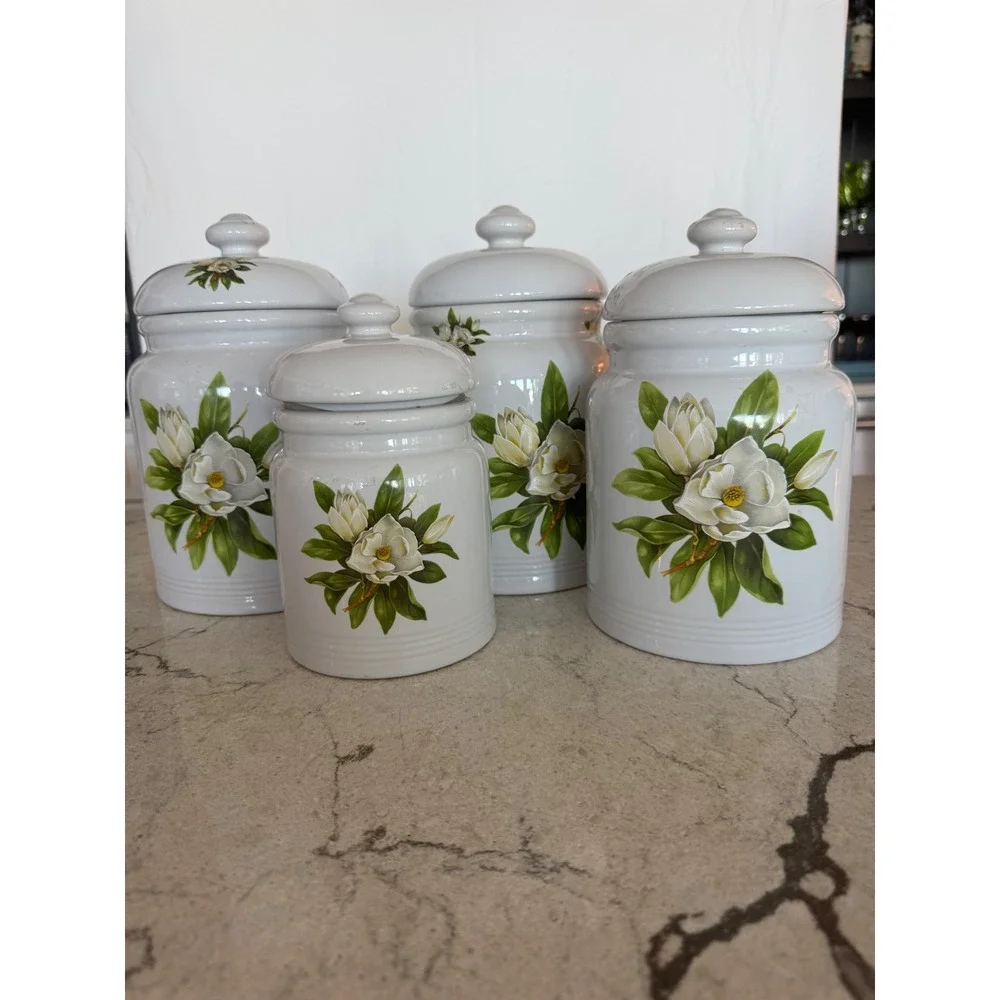 Vintage White Magnolia Ceramic Canister Set 4 Piece Floral Kitchen Storage Jars